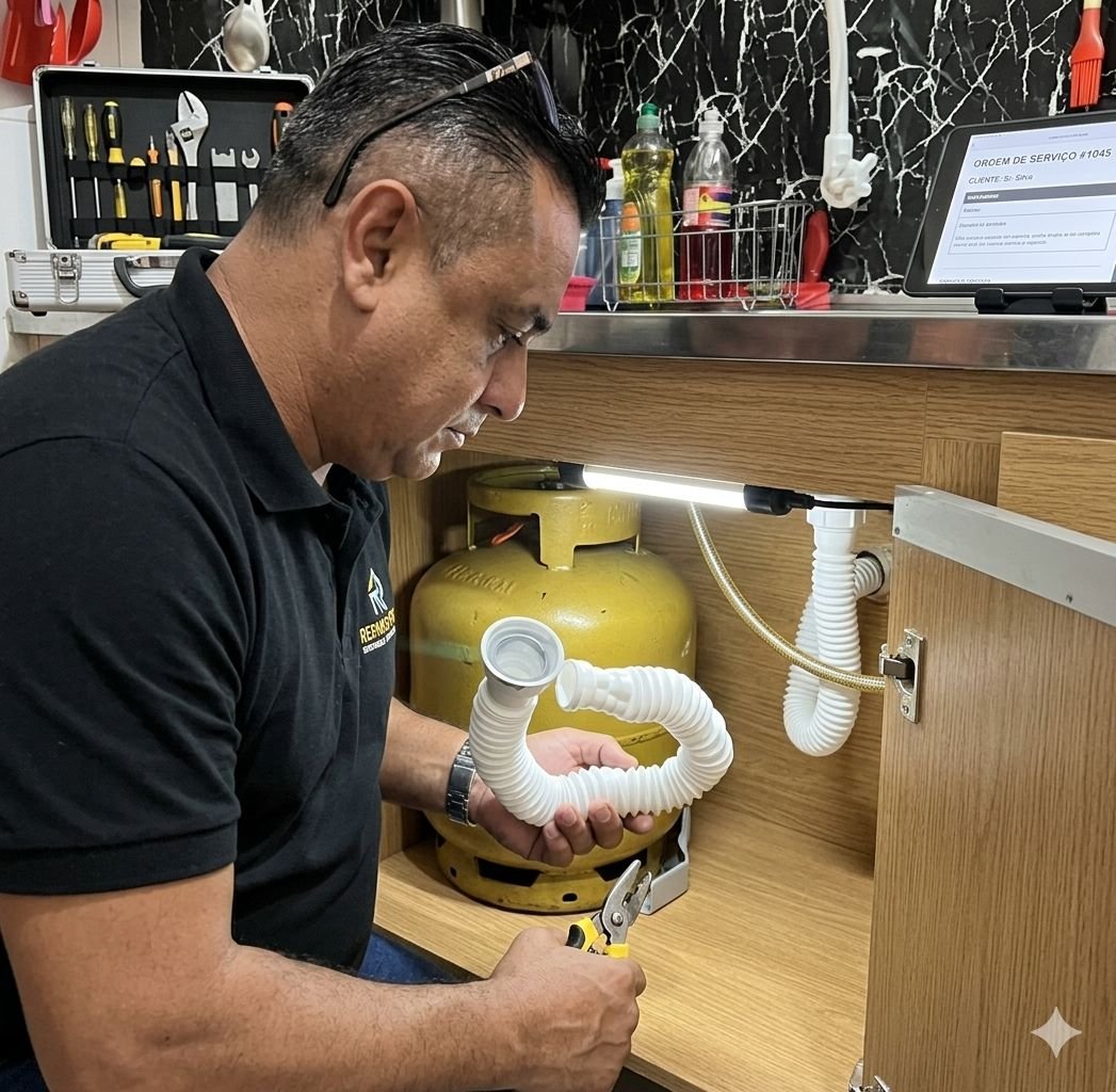 Reparo de sifão e encanamento de pia — serviço hidráulico